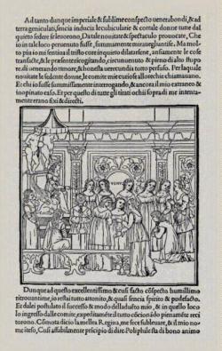 10. Sconosciuto, Polifilo inginocchiato davanti al trono della regina Eleuteryllide da Hypnerotomachia Poliphili, xilografia, 1499.